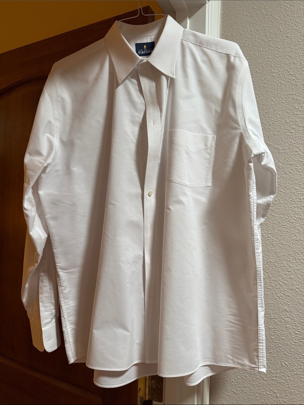Stafford White Men's Dress Shirt with Point Collar and Chest Pocket